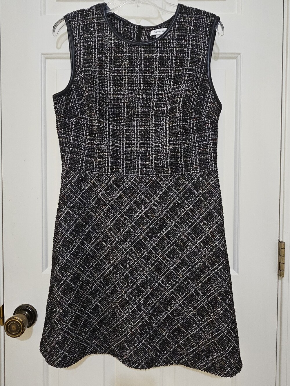 Calvin Klein Black Rainbow Thread Tweed Faux Leather Trim Fit Flare Dress Sz 10